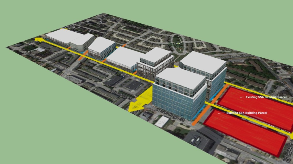 Possible Baltimore Highway to Nowhere infill development scenario, with higher density office/retail fronting MLK Jr. Blvd, neighborhood retail and affordable/moderate income housing lining Franklin and Mulberry.